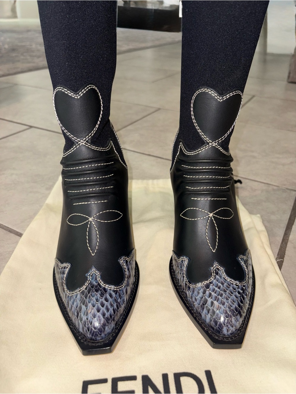 NEW!  FENDI Black Cowboy Sock Calf Boot Leather Snakeskin Heart Stitch Size 38 - Picture 12 of 12